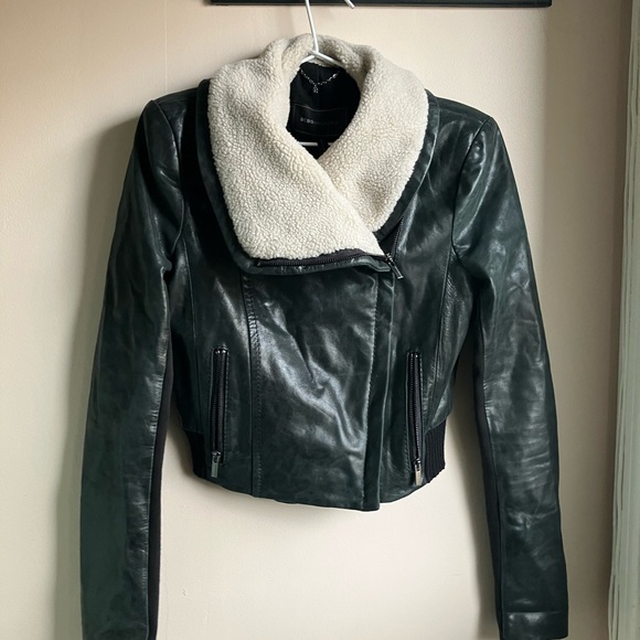 BCBGMaxAzria Green Leather Jacket with Wool Collar - Picture 3 of 12